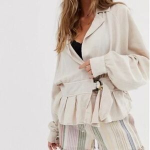 Free People Women's Joani Linen Ruffle Blend Jacket Top Cream Buckle Front Small